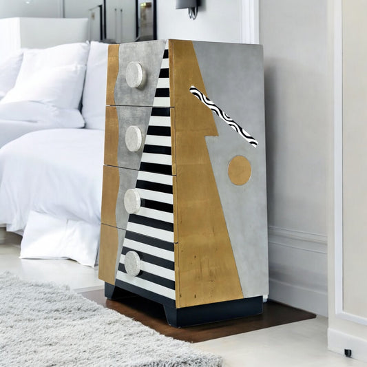 Lam Lee Memphis Style Silver and Gold Foil Pyramid Chest of Drawers