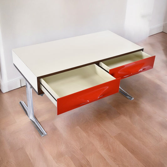 Raymond Loewy DF-2000 Chrome Red Plastic Drawer TV Stereo Console