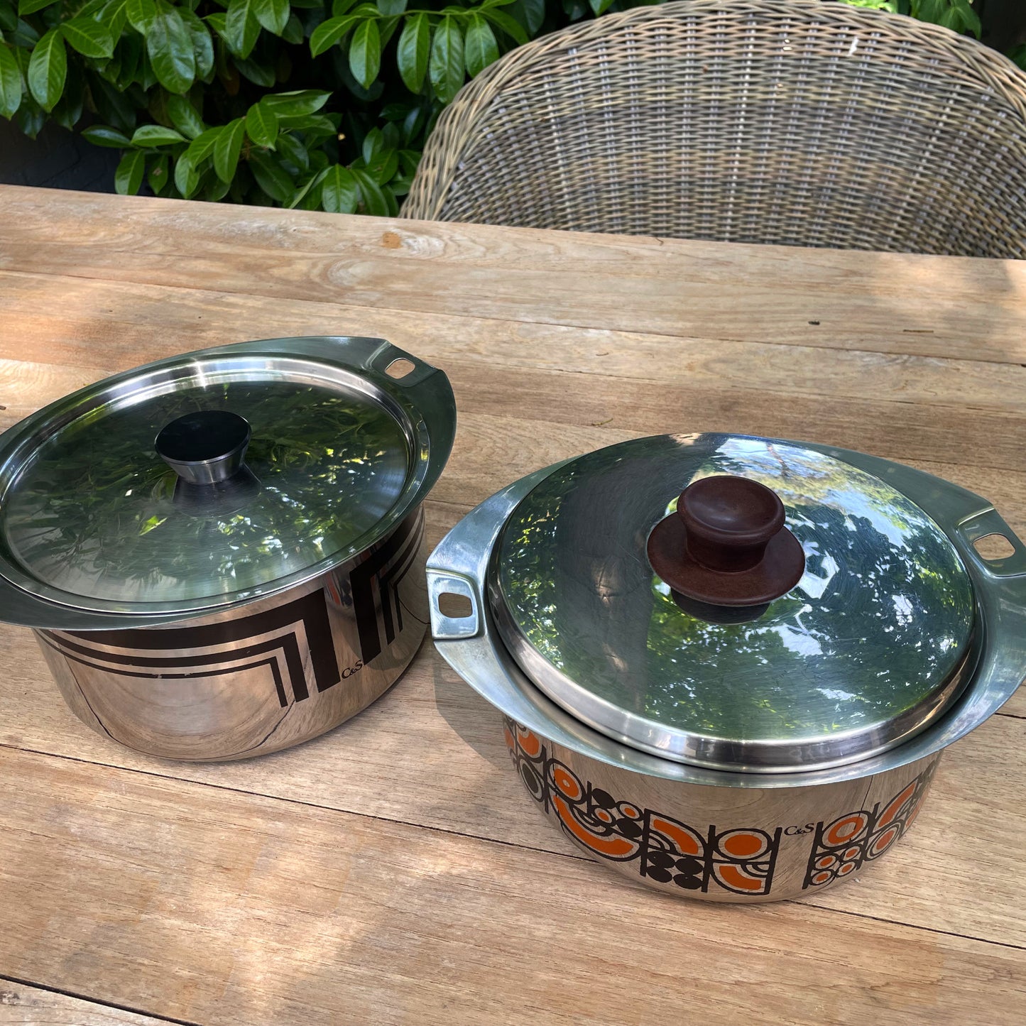C&S of France Inox Pots oranje en bruin geëmailleerd vintage jaren 70
