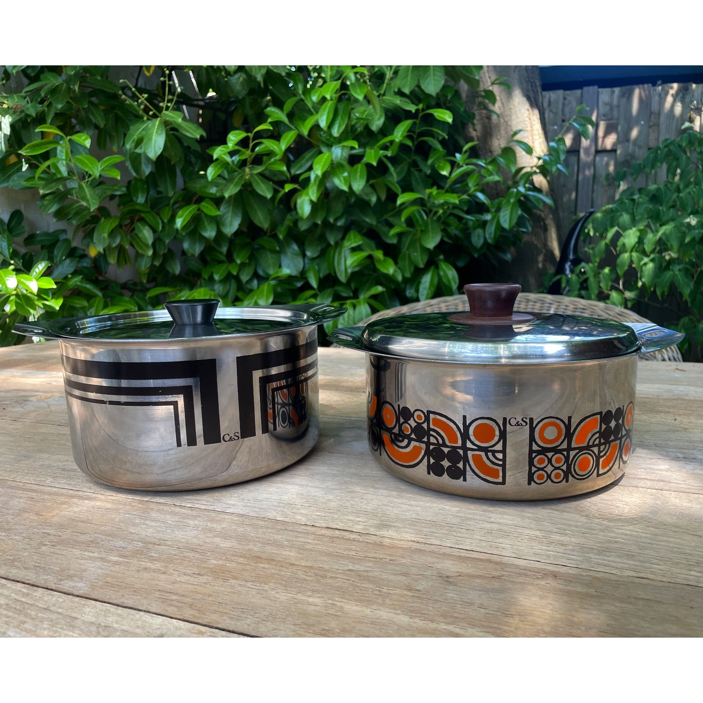 C&S of France Inox Pots oranje en bruin geëmailleerd vintage jaren 70