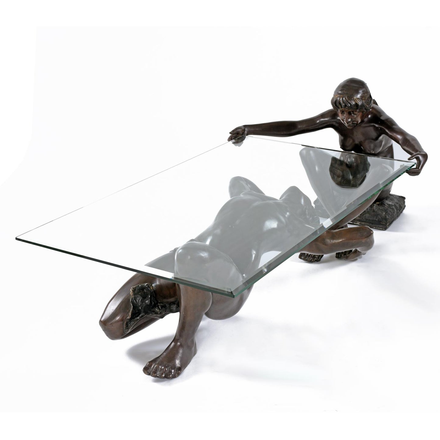 C. Conndray Bronze Figural Sculpture Coffee Table with Glass Top