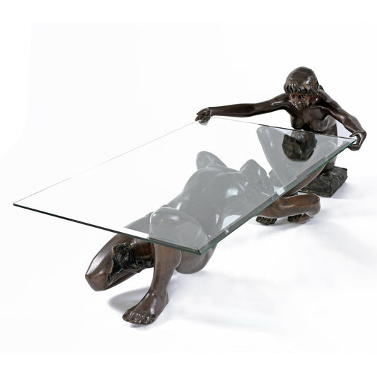 C. Conndray Bronze Figural Sculpture Coffee Table with Glass Top