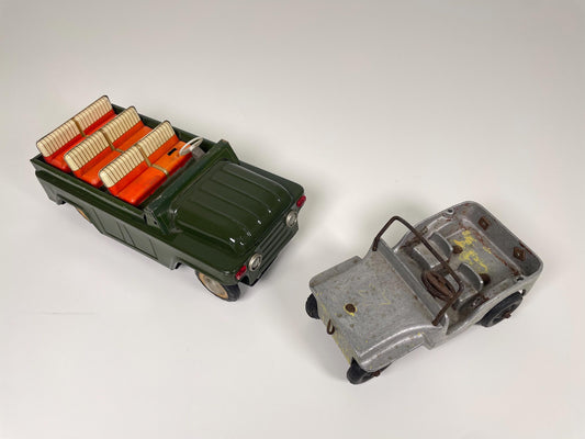 Pair of Vintage Toy Jeeps Open Car 1960s and Metal 1940s Military Jeep