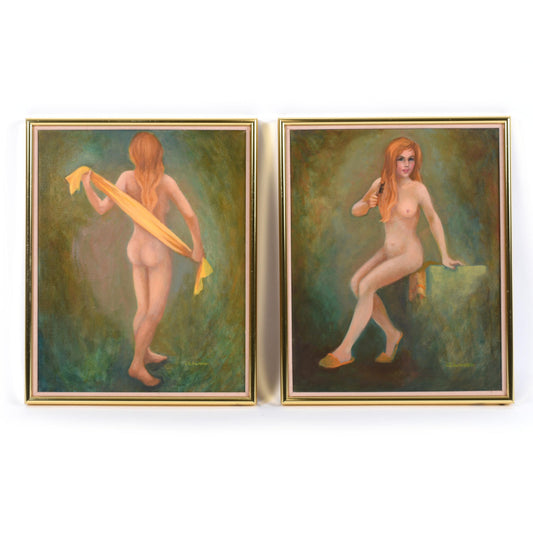 Pair Green Gold Female Figural Nude Goddess Muse Paintings by Swanson