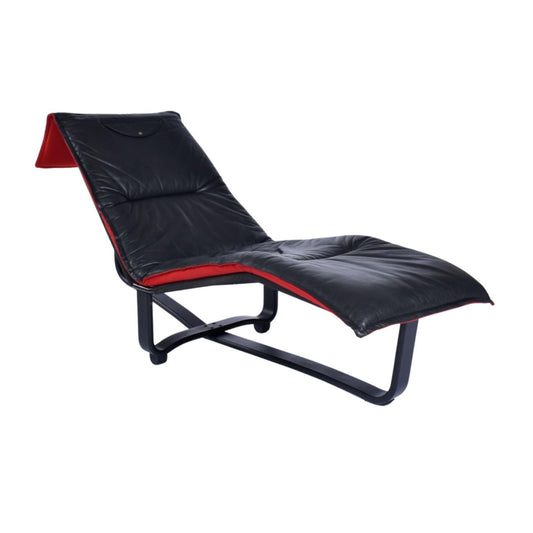 Westnofa Norwegian Black Leather and Red Wool Reversible Scandinavian Modern Chaise Lounge