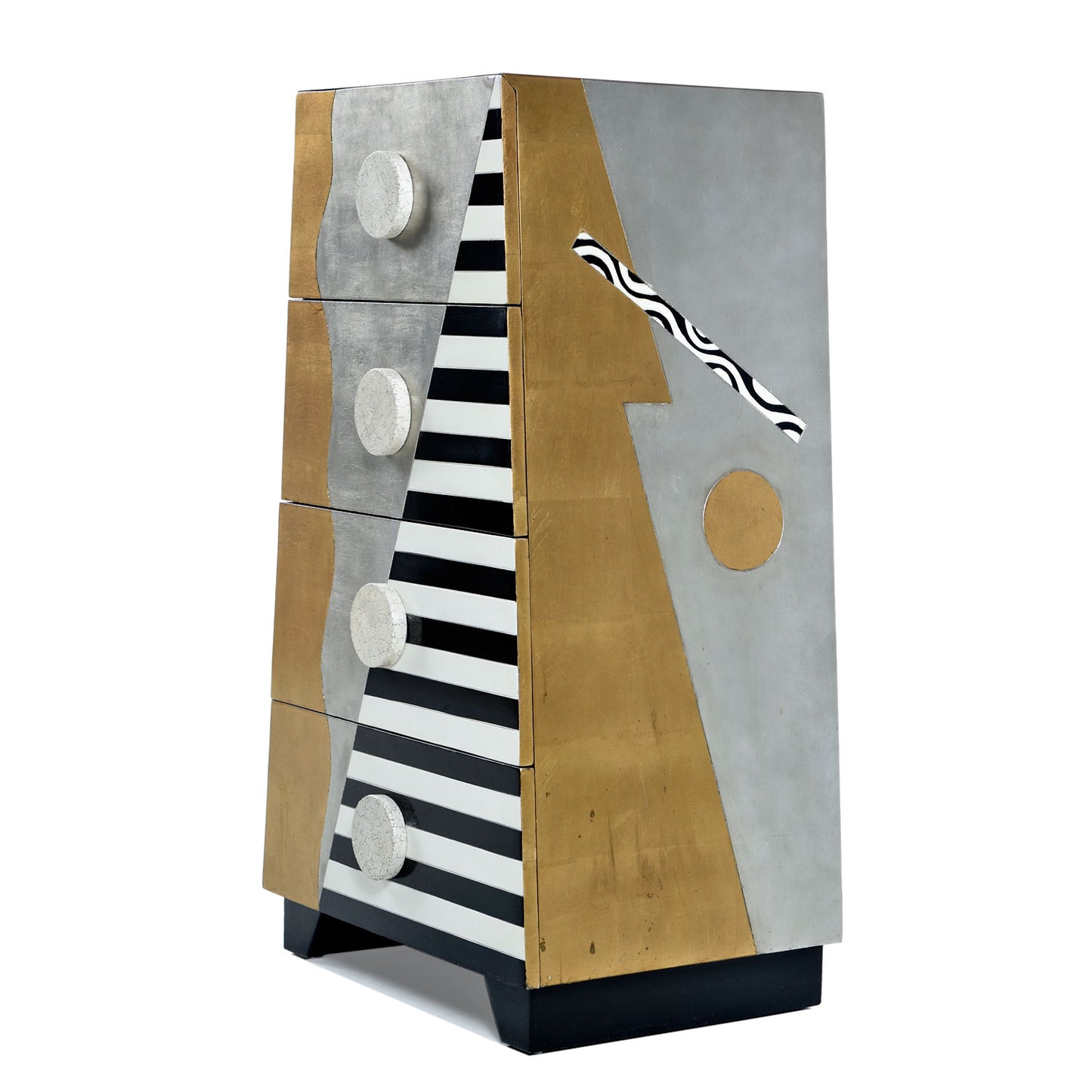 Lam Lee Memphis Style Silver and Gold Foil Pyramid Chest of Drawers