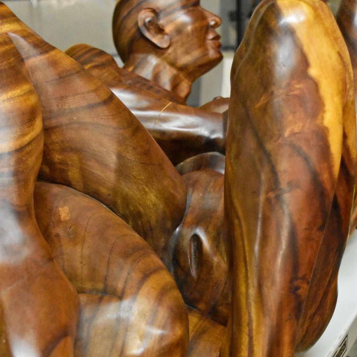 Massive Hand Carved Monkey Pod Exotic Hardwood Lovers Embrace Coffee Table