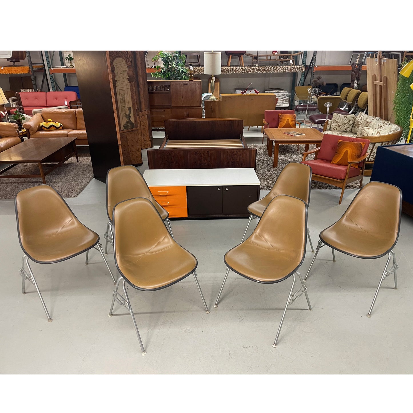 6 Herman Miller Eames Stacking Shell Chairs with Brown Naugahyde Pads