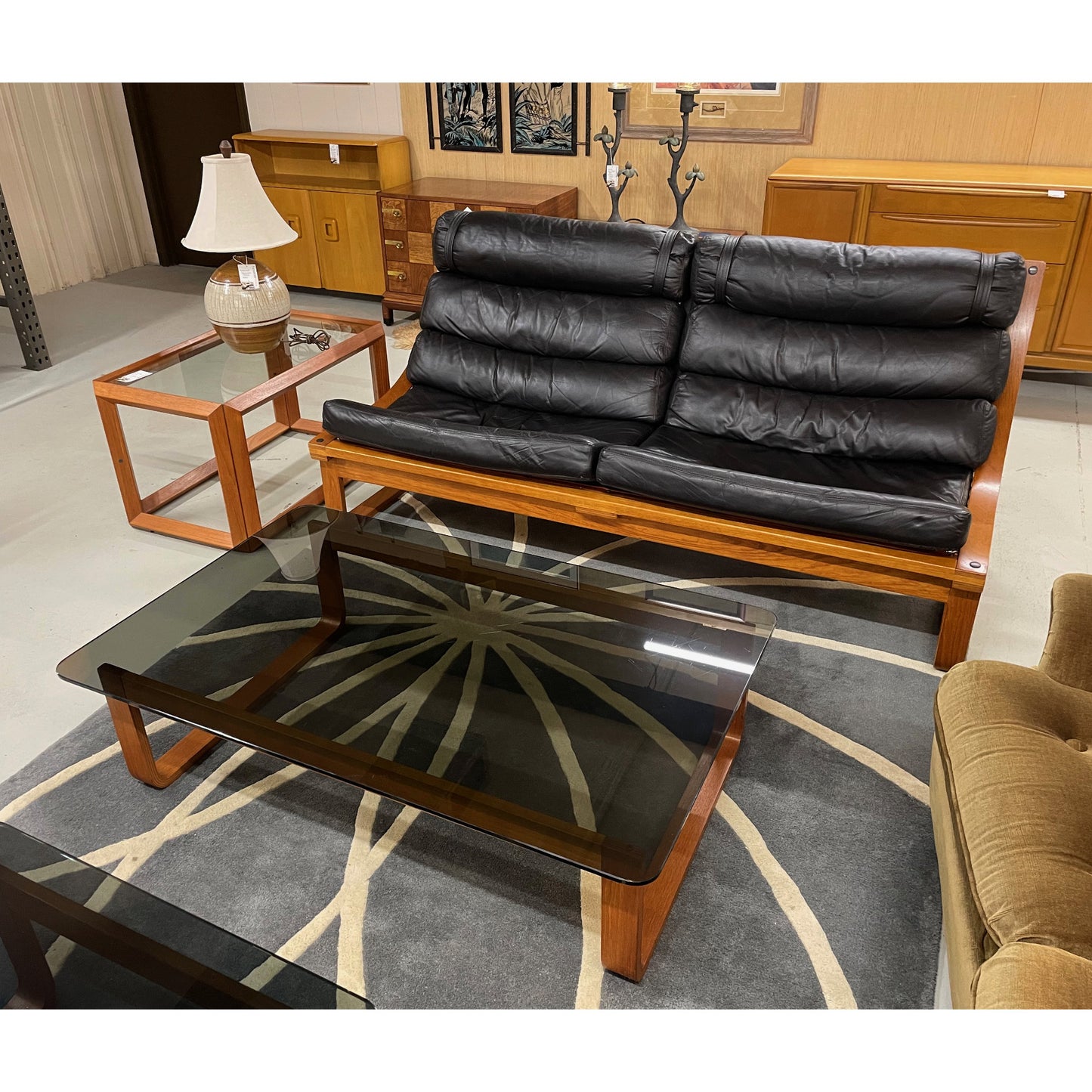 1970s Fred Lowen for Tessa Black Leather & Teak T4 Sling Sofa