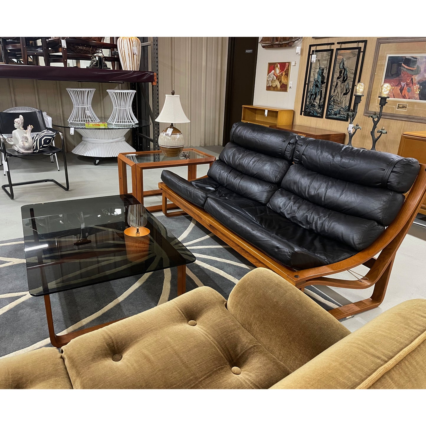 1970s Fred Lowen for Tessa Black Leather & Teak T4 Sling Sofa
