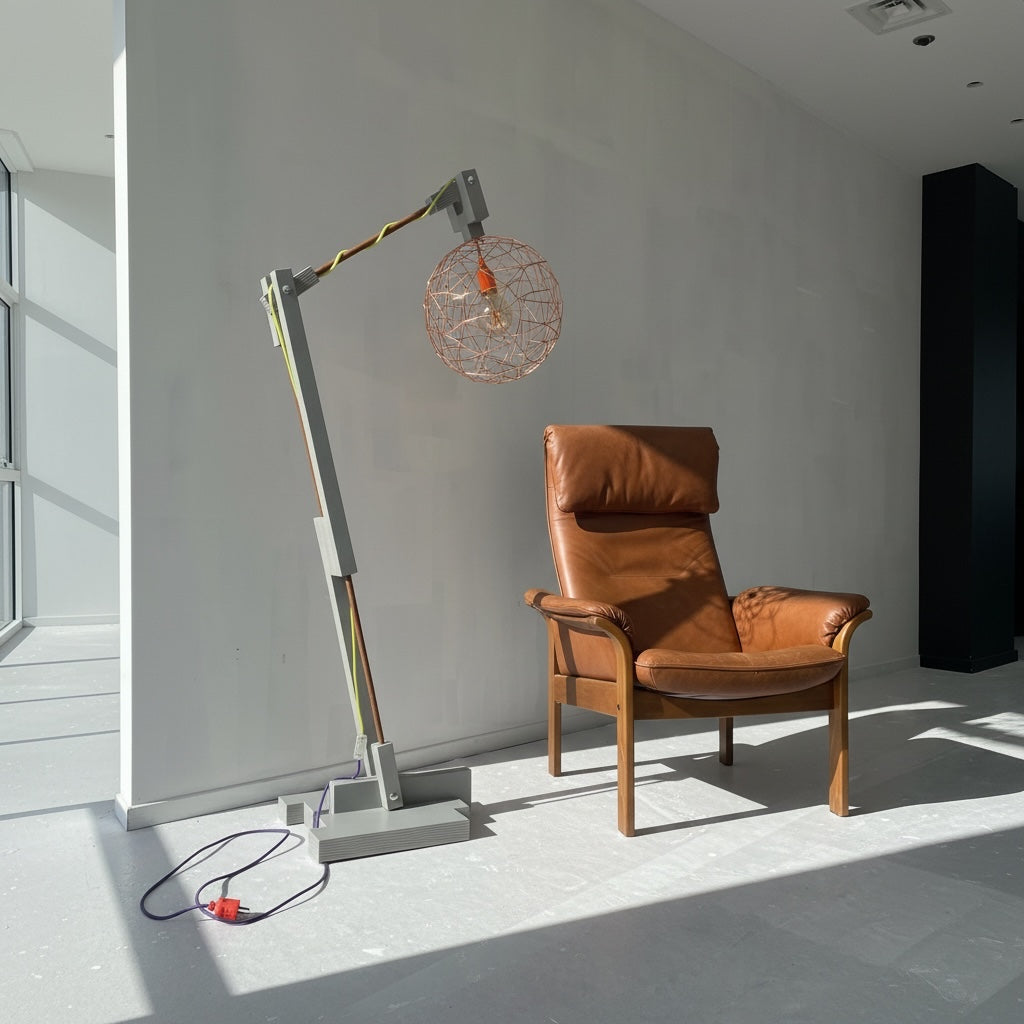 Op maat gemaakte grijze houten vloerlamp met koperkleurige kop