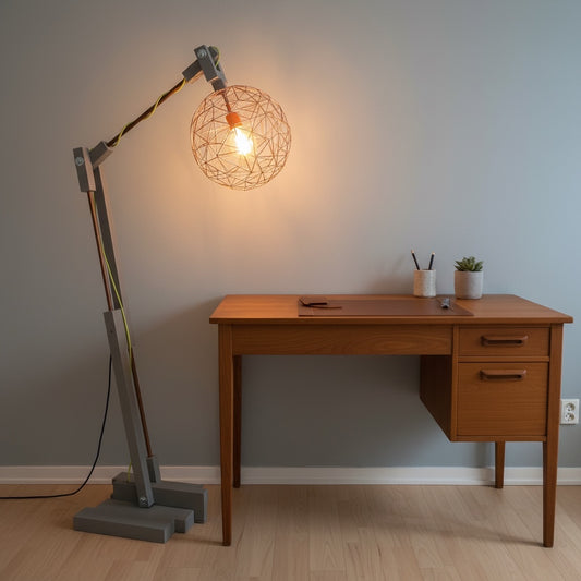 Op maat gemaakte grijze houten vloerlamp met koperkleurige kop