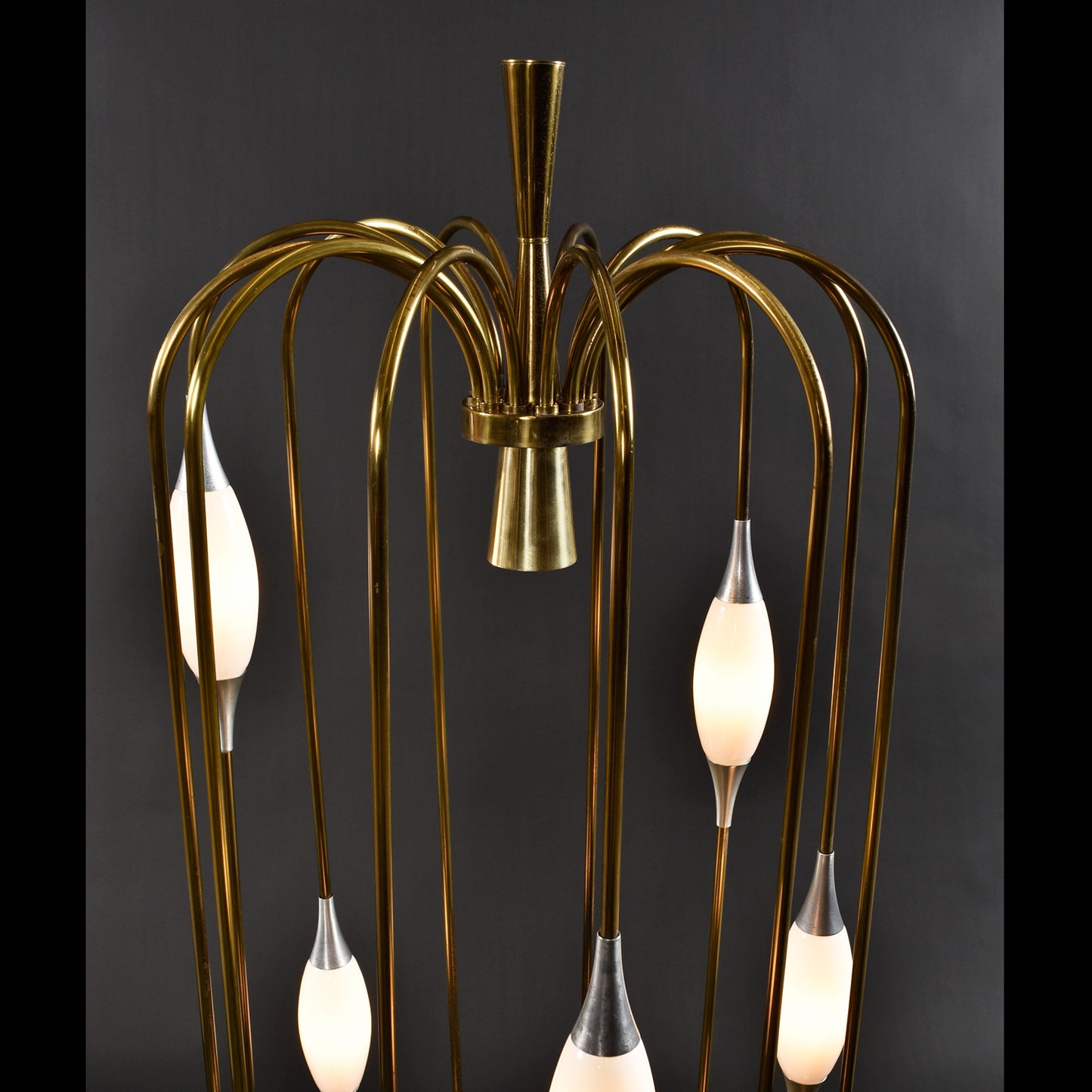 1970s Lightolier Gold Colored Metal Waterfall Cage Lamp with New White Glass Diffusers