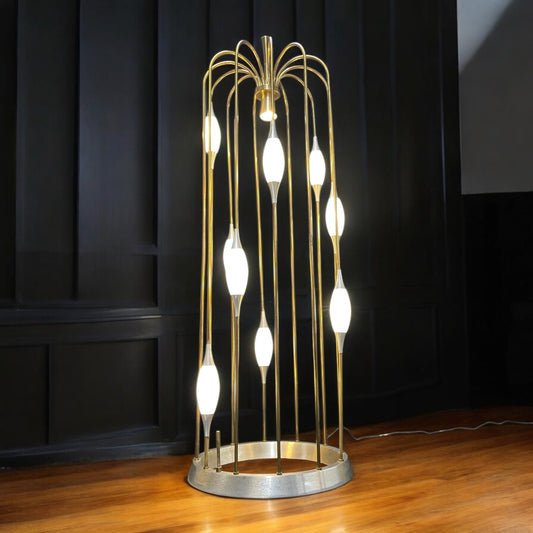 1970s Lightolier Gold Colored Metal Waterfall Cage Lamp with New White Glass Diffusers