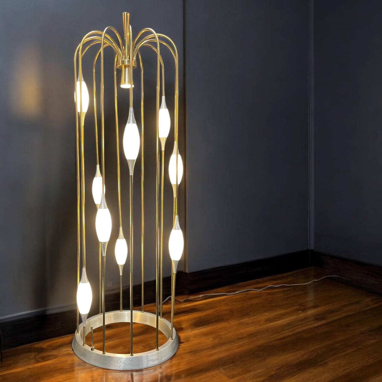1970s Lightolier Gold Colored Metal Waterfall Cage Lamp with New White Glass Diffusers