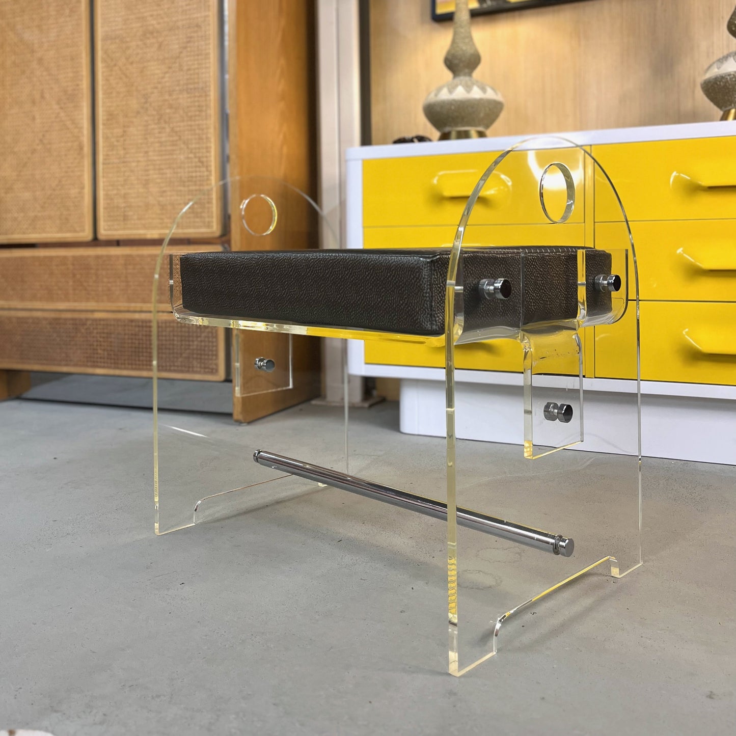 Lucite Vanity Stool Bench with New Faux Snakeskin Upholstery