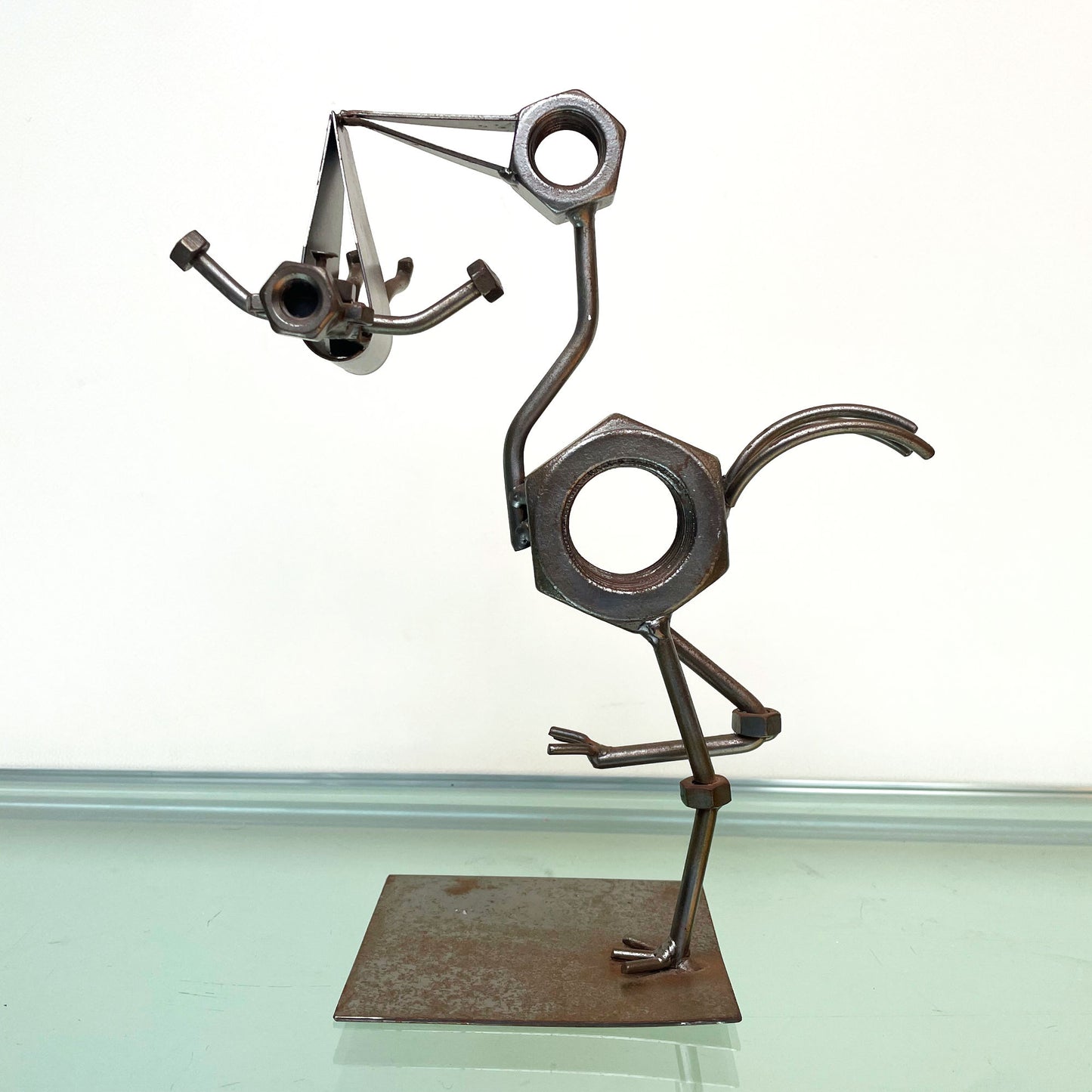 Folk-Art Steampunk Gelaste netalen Ooievaar met Babybeeldje kraamcadeau