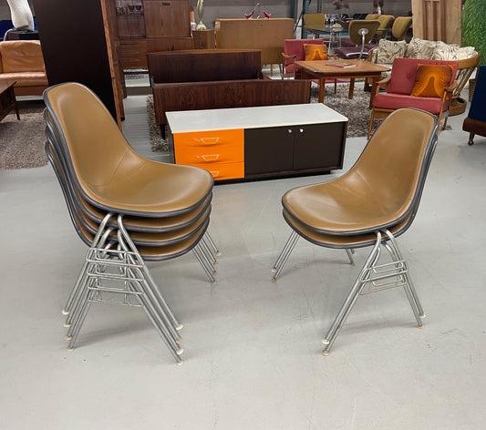 6 Herman Miller Eames Stacking Shell Chairs with Brown Naugahyde Pads