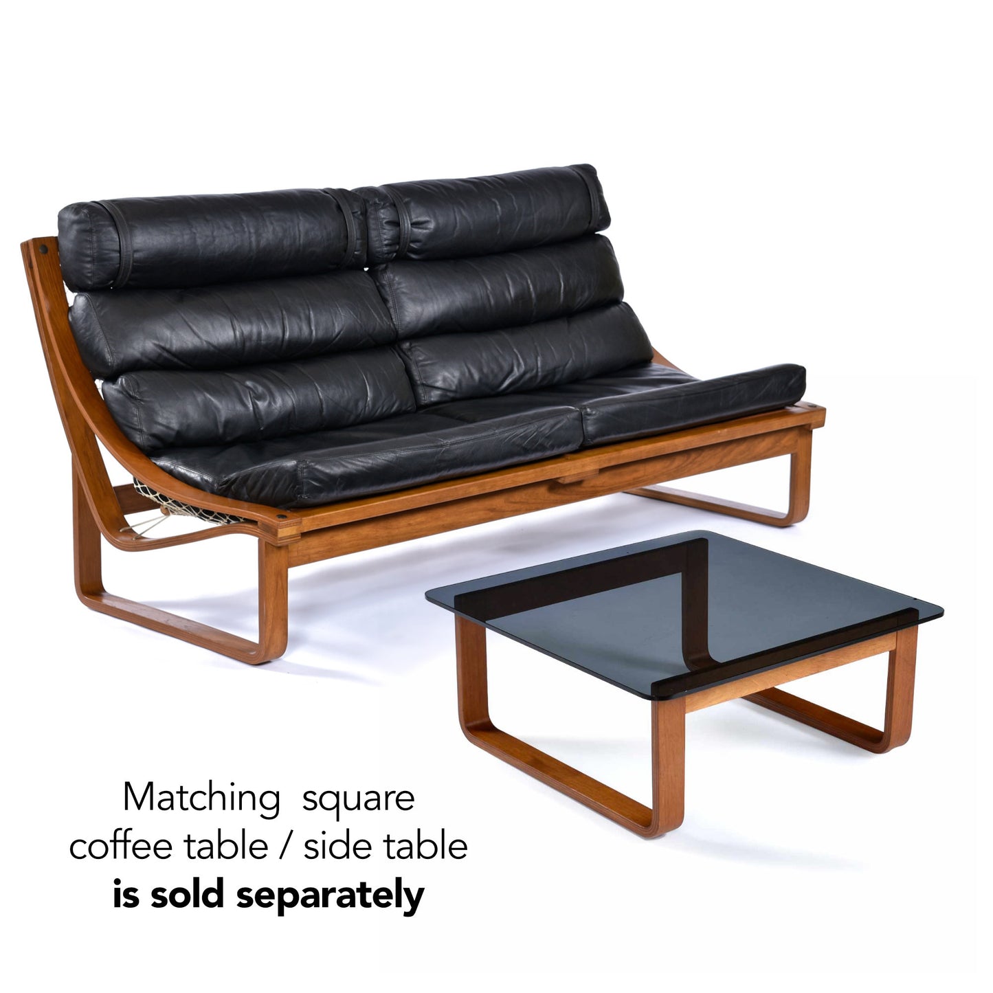 1970s Fred Lowen for Tessa Black Leather & Teak T4 Sling Sofa