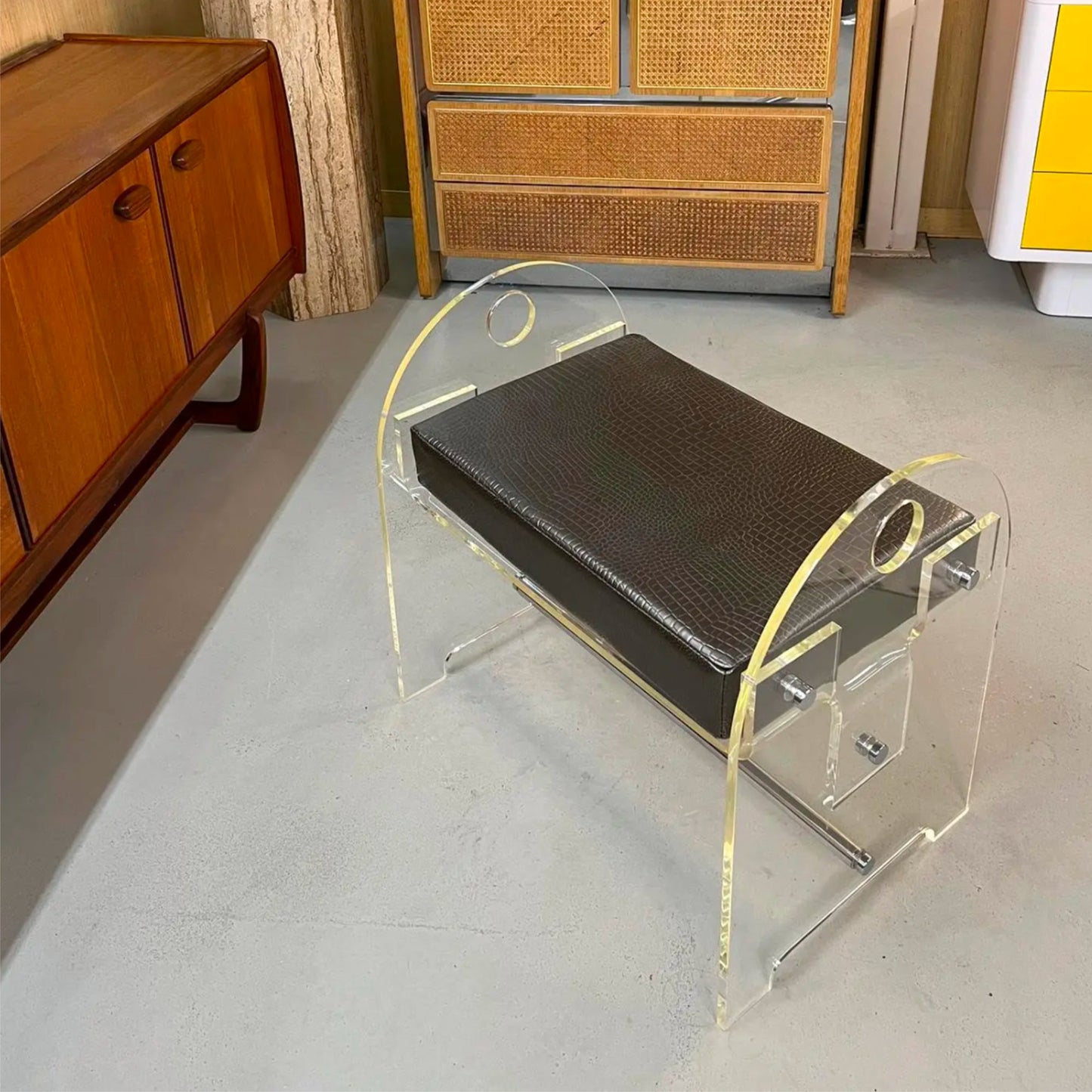 Lucite Vanity Stool Bench with New Faux Snakeskin Upholstery