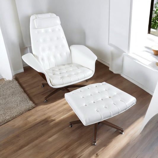 Restored George Mulhauser Style White Tufted Tilt and Swivel Chair with Ottoman